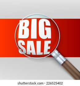 Magnifying glass over red background. Banner ad big sale. Vector illustration.
