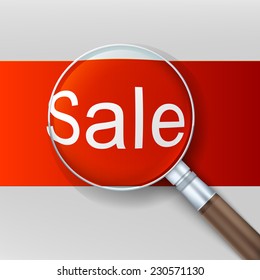 Magnifying glass over red background. Banner ad sale. Vector illustration.