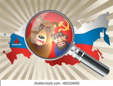 Magnifying glass over a Russia map. Russian in a fur hat and bear on a red Soviet flag. Concept of stereotypes about Russia. 