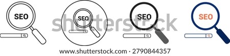 Magnifying glass over search bar with seo text, search engine optimization concept Vector