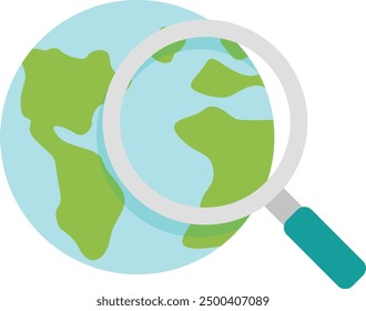 Magnifying glass over simplified Earth globe, highlighting environmental research and global analysis.