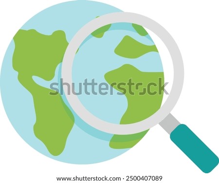 Magnifying glass over simplified Earth globe, highlighting environmental research and global analysis.