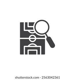 A magnifying glass over a soccer field vector icon. filled flat sign for mobile concept and web design. Soccer Match Analysis glyph icon. Symbol, logo illustration. Vector graphics