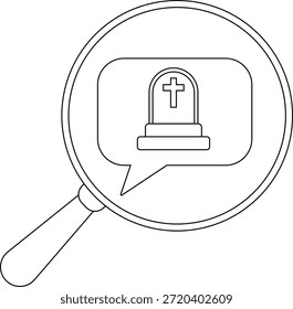 Magnifying glass over speech bubble containing a gravestone with a cross on it