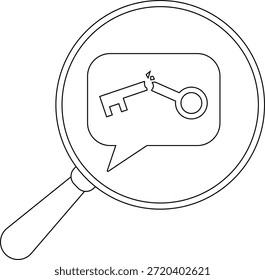 Magnifying glass over a speech bubble containing a broken key