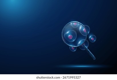 Lupa sobre cúmulo de células madre. Análisis celular, investigación biomédica, diagnósticos, terapia dirigida, concepto de examen de laboratorio. Estilo futurista digital de baja poli, estructura de alambre. Vector.