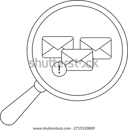 Magnifying glass over three envelope icons and a circle with an exclamation point inside