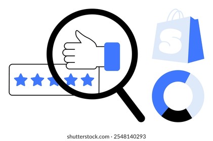 Magnifying glass over thumbs up icon, five-star rating, shopping bag with S logo, and pie chart. Ideal for e-commerce, customer satisfaction, product reviews, online shopping, business analytics