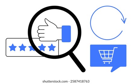 Magnifying glass over thumbs up and star rating, circular arrow, speech bubble with shopping cart. Ideal for customer service, feedback, e-commerce, quality control, user experience, online review