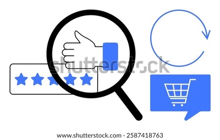 Magnifying glass over thumbs up and star rating, circular arrow, speech bubble with shopping cart. Ideal for customer service, feedback, e-commerce, quality control, user experience, online review