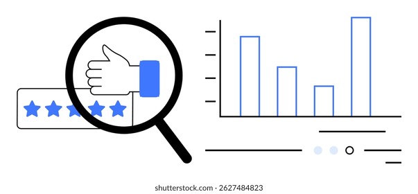Magnifying glass over thumbs-up hand and 5-star rating, next to a bar chart with rising bars and data points. Ideal for customer feedback, business reviews, performance analysis, market research