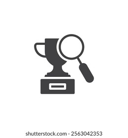 A magnifying glass over a trophy vector icon. filled flat sign for mobile concept and web design. Betting Prediction glyph icon. Symbol, logo illustration. Vector graphics