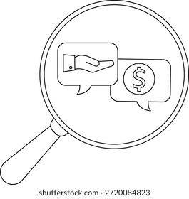 Una lupa sobre dos burbujas de discurso, una mostrando una mano y la otra un signo de dólar