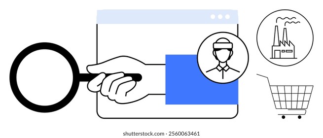 Magnifying glass over web browser icon, factory, worker, and shopping cart. Ideal for digital business analysis, industrial insights, e-commerce research, supply chain management, and workforce