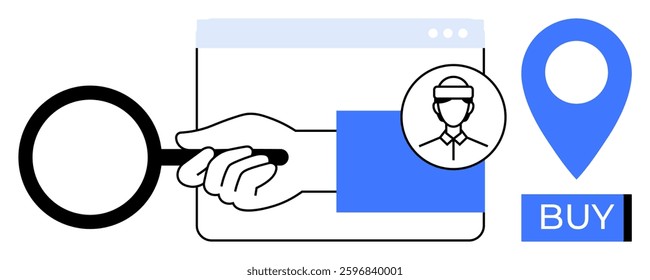 Magnifying glass over a web browser displaying a user profile next to a location pin and a buy button. Ideal for online shopping, digital marketing, website navigation, e-commerce tutorials, user