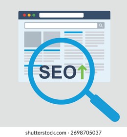 A magnifying glass over a web browser, highlighting SEO with an upward arrow for search engine optimization