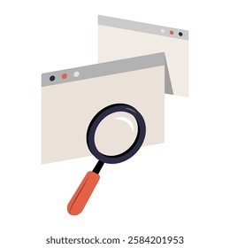 Magnifying Glass Over Web Pages In Flat Vector Illustration Symbolizing Online Search, Web Research, And Internet Browsing, Isolated On White Background.