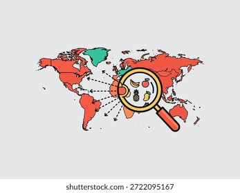 Lupa sobre un mapa del mundo con varios iconos dentro de la lente