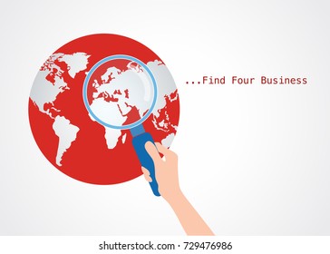 magnifying glass over world map. International collaboration, finding professional employees, new business start-up and business travel vector concept. Modern design. vector illustration