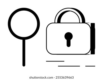 A magnifying glass and a padlock in black and white vector style. Ideal for security, search, privacy, investigation, and protection