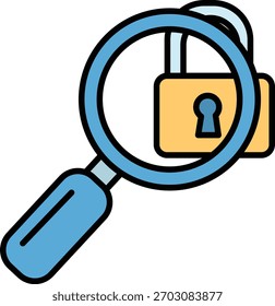 Ampliação de vidro cadeado segurança proteção de privacidade ícone de pesquisa azul amarelo contorno vetor plano ilustração acesso bloqueio análise de investigação dados segurança segurança inspeção segura localizar detectar