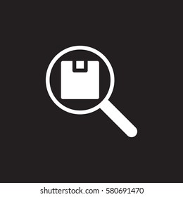 Magnifying glass and parcel icon vector, filled flat sign, solid white pictogram isolated on black. Shipping tracking symbol, logo illustration
