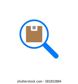 Magnifying glass and parcel icon vector, filled flat sign, solid colorful pictogram isolated on white. Shipping tracking symbol, logo illustration