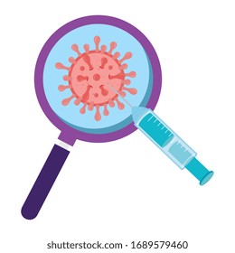 magnifying glass with particles covid 19 and syringe vector illustration design
