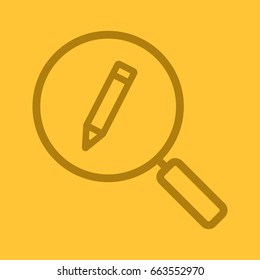 Magnifying glass with pencil linear icon. Search. Thin line outline symbols on color background. Vector illustration