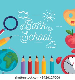 magnifying glass with pencils colors and apple fruit background