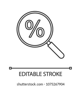 Magnifying Glass With Percent Linear Icon. Thin Line Illustration. Discount Offers Searching. Contour Symbol. Vector Isolated Outline Drawing. Editable Stroke