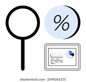 Magnifying glass with percentage symbol and data report tablet. Ideal for financial analysis, data review, research, business presentations, marketing strategies, academic studies, investment