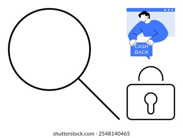 Magnifying glass, person holding cashback sign on computer screen, and padlock convey security, online shopping, digital transactions, savings, and trust. Ideal for financial, e-commerce, privacy