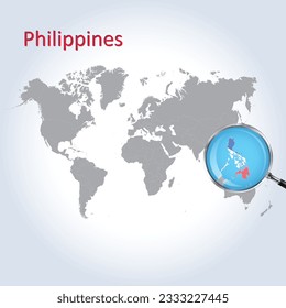 Un vidrio de aumento en Filipinas del Mapa Mundial, Zoom Filipinas mapa con fondo degradado y bandera filipina en el mapa, arte vectorial