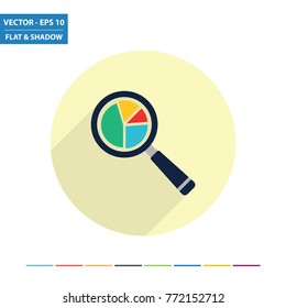 Magnifying glass - pie chart flat icon with long shadow. Vector Illustration.