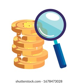 magnifying glass with pile coins isolated icon vector illustration design