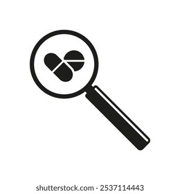 Magnifying glass with pill capsule and round tablet icon. Vector. Flat design.