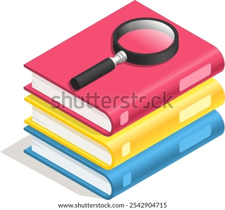 Magnifying glass is placed on top of a stack of colorful books, symbolizing the process of research and knowledge seeking