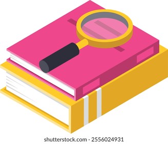 Magnifying glass is placed on two stacked books, symbolizing research, studying, and knowledge exploration in educational or academic settings