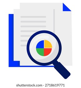 A magnifying glass is placed over a document, revealing a pie chart with four colored segments, symbolizing data analysis and research.