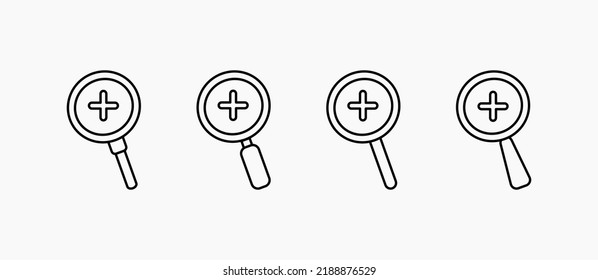 Vidrio de aumento con icono más, ilustración vectorial sobre fondo blanco. Conjunto de cuatro iconos simples
