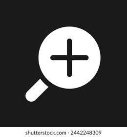 Magnifying glass with plus for map dark mode glyph ui icon. Zoom in text. User interface design. White silhouette symbol on black space. Solid pictogram for web, mobile. Vector isolated illustration