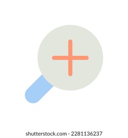 Magnifying glass with plus for map flat color ui icon. Magnifier tool. Zoom in text. GPS navigation. Simple filled element for mobile app. Colorful solid pictogram. Vector isolated RGB illustration