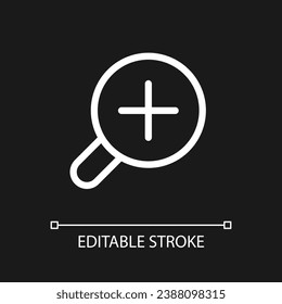 Magnifying glass with plus for map pixel perfect white linear ui icon for dark theme. Zoom in. Vector line pictogram. Isolated user interface symbol for night mode. Editable stroke. Arial font used
