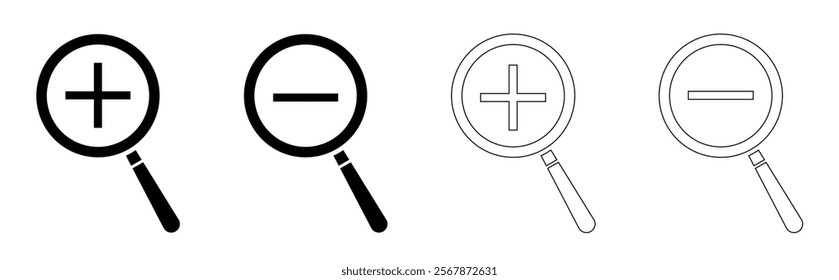 Magnifying glass with plus and minus symbol. Zoom in and Zoom out icon set. Zoom symbol. Vector Illustration.