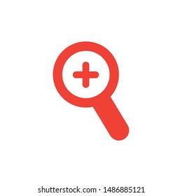 Magnifying Glass Plus Red Icon On White Background. Red Flat Style Vector Illustration.