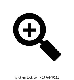 Vidrio de aumento e icono del vector de signo más, aislado en fondo blanco