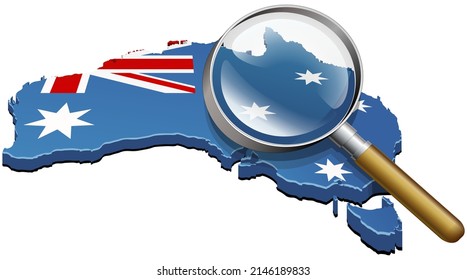 Magnifying glass pointed at the 3D map of Australia in the colors of the Australian flag with a zoom on part of Australia (cut out)