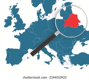 Vidrio de aumento que apunta al mapa de Bielorrusia. 3.ª representación