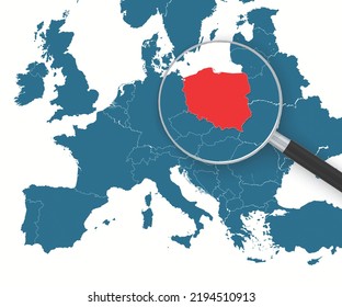 Magnifying glass pointing at Poland map. 3d rendering